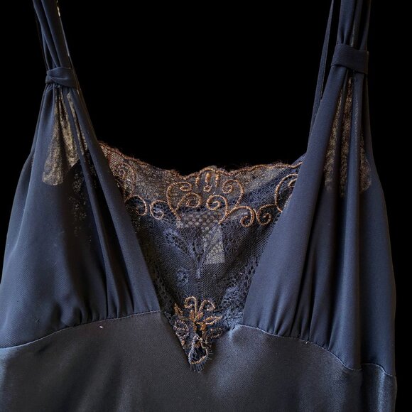 Flora Nikrooz Black Long Nightgown Gown Lace Adjust Strap Sheer Portion Tie sz L - Picture 6 of 16